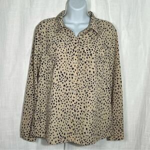 Notations Beige Animal Print Roll Tab Long Sleeve Button Up
